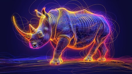  Neon Rhino Drawing on Dark Blue Background with Lines.