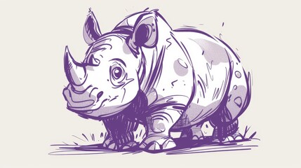  A rhinoceros drawing, in purple on white with a black outline