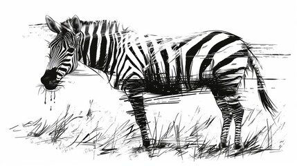  Zebra drawing, black & white, grass, field, head turned