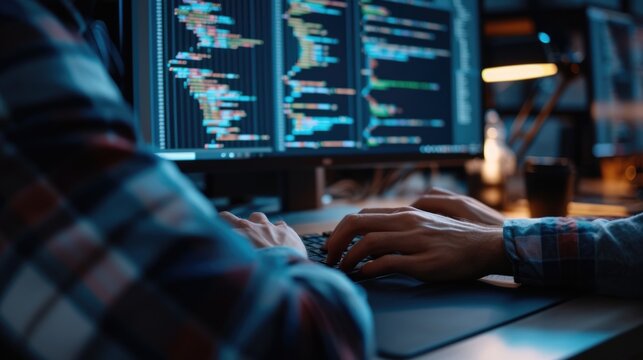 Close-up of a programmer's hands typing on a backlit keyboard, with lines of code displayed across multiple computer screens. AIG41