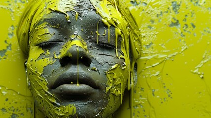  A female face is obscured by yellow paint and her eyes are turned to the side