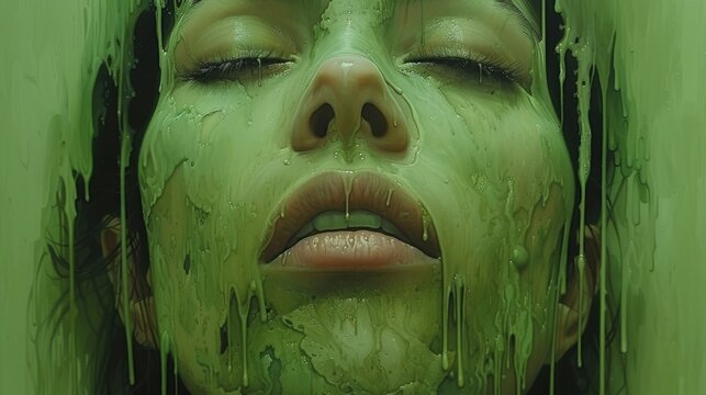  Portrait of a Woman with Green Paint and Water-Drops Eyes