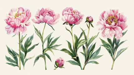 Collection of watercolor pink peony flowers, watercolor illustration