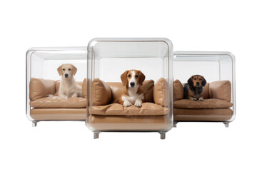 Three Dogs Lounging Under a Glass Cover on a Plush Couch. On White or PNG Transparent Background.
