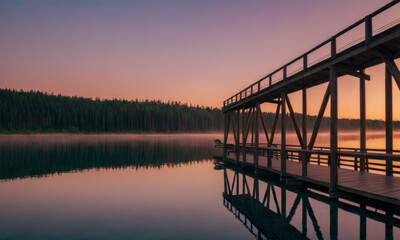 Fototapeta na wymiar A bridge-pier on the shore of a large calm lake against the backdrop of sunset.