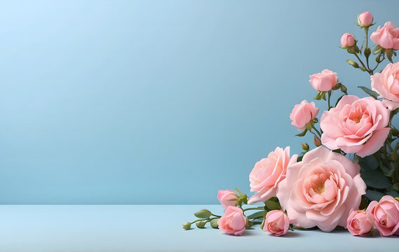 A bunch of pink rose on a blue background