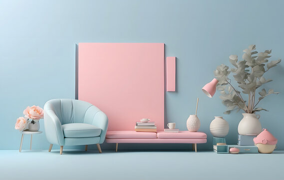A living room with a pink and blue color scheme