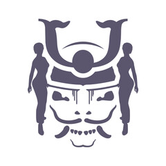 Optical illusion. Women with katana swords make silhouette of samurai warrior ominous face. Simple illustration of Japanese demonic person. Martial art logo design.