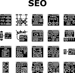 seo digital optimization strategy icons set vector. local service, analysis media, consulting web, ecommerce backlink seo digital optimization strategy glyph pictogram Illustrations