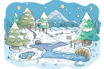 Fototapeta na wymiar Cartoon cute doodles of a winter island with a hidden treasure buried beneath the snow, waiting to be discovered by brave adventurers, Generative AI
