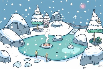 Cartoon cute doodles of a winter island with a hidden treasure buried beneath the snow, waiting to be discovered by brave adventurers, Generative AI