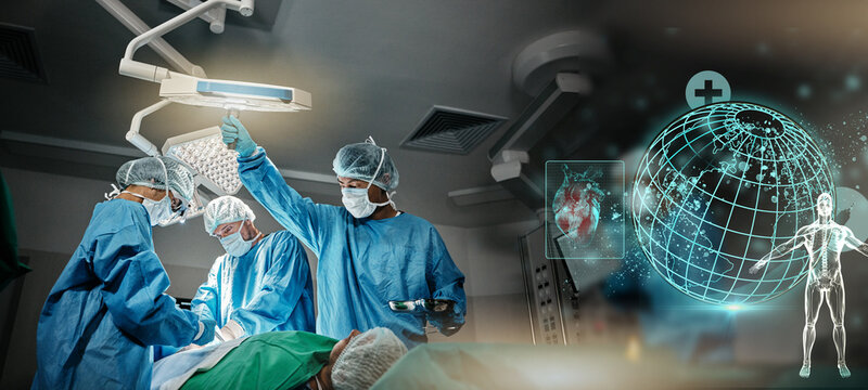 Doctors, hospital and surgery with global hologram of earth in operating room with ppe, anatomy and emergency. Surgeon, group and planet in icu, 3d overlay and cardiology with heart icon at clinic