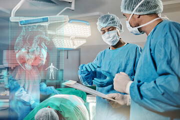 Surgery, overlay or surgeons with teamwork for emergency, accident or healthcare in hospital...