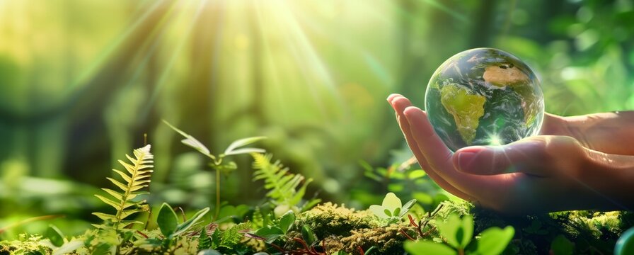 Hands Holding Glass Globe with Lush Forest Background - Environmental Concept