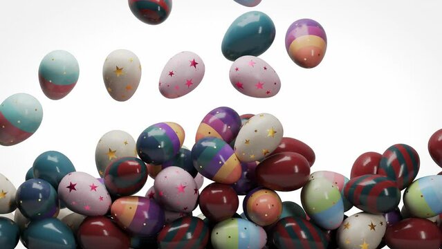 Easter Eggs Falling And Piling Up on white background