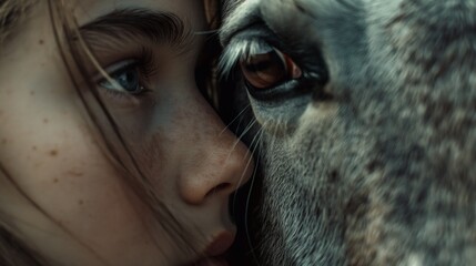 Amazing trusting relationship between animal and human. The girl touches the horse. Extremely close-up portrait - obrazy, fototapety, plakaty