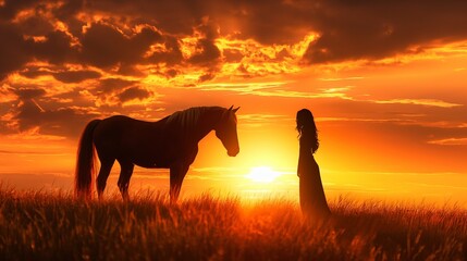 A beautiful bright sunset at golden hour highlights the silhouettes of a beautiful girl and a horse in a field.