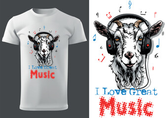 I Love Great Music with a Goat Illustration as a Textile Print Motif - Black and White Image, Vector - 767625168