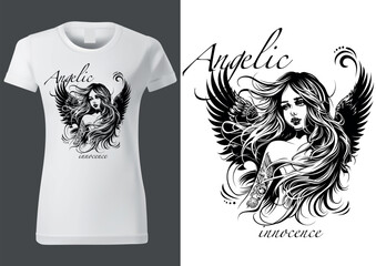 Angelic Innocence as a Motif with a Beautiful Girl with Long Hair for Textile Print - Black and White Illustration, Vector - 767625184
