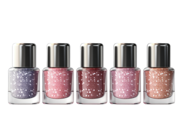 Rainbow Hues: Five Bottles of Vibrant Nail Polish. On White or PNG Transparent Background.
