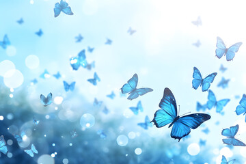 many flying blue butterflies on a sky background. insects. Flora and fauna
