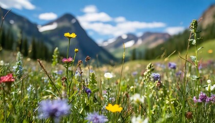 A high alpine meadow in springtime with wildflowers and mountains in the background