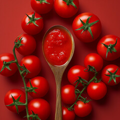 A bunch of tomatoes with a wooden spoon full of tomato sauce in the middle, on a red background