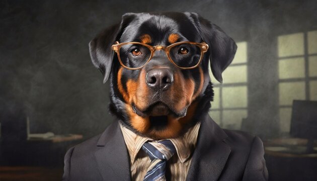 Rottweiler dog dressed as a businessperson in a tie, suit and with glasses.