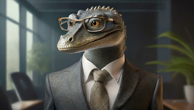 Reptilian alien dressed as a businessperson in a tie, suit and with glasses.