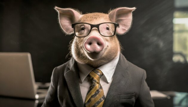 Pig dressed as a businessperson in a tie, suit and with glasses.