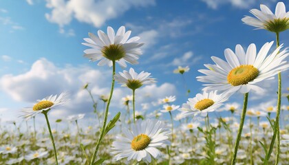 Meadow with white and yellow daisies against a blue sky with clouds