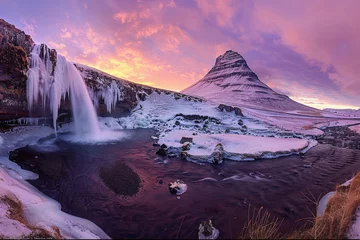 Cercles muraux Kirkjufell A beautiful mountain range with a waterfall and a lake