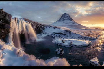Papier Peint photo Lavable Kirkjufell A mountain with a waterfall in front of it