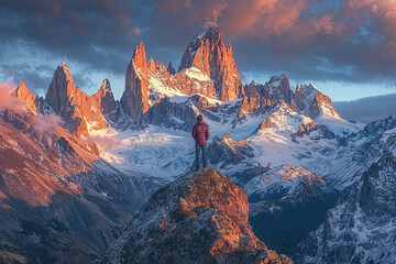 A person stands on a mountain top, looking out at the beautiful landscape - Powered by Adobe