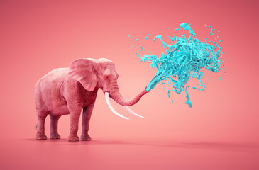 Image of an elephant spraying water on pink background. - 767625782
