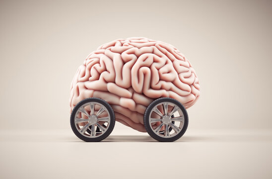 Brain with car wheel. Brainstorming concept.