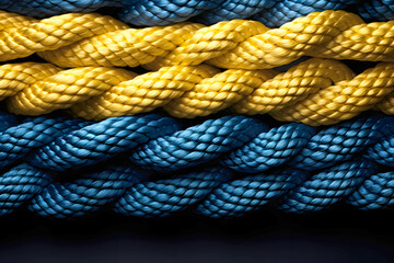 blue and yellow ropes on black background. colored twisted rope made of durable material close-up. nautical rope