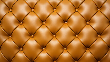 Gold leather upholstery with a closeup texture of genuine leather featuring brown rhombic stitching creating a luxurious background