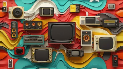 A colorful wall of old televisions and radios