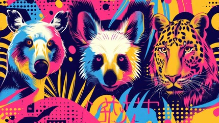 A colorful poster of three animals, including a bear, a panda, and a jaguar - obrazy, fototapety, plakaty