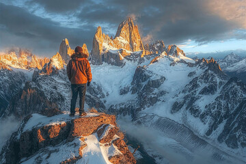A man stands on a snow covered mountain peak, looking out at the horizon - obrazy, fototapety, plakaty