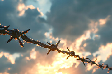 barbed rusty wire against the background of the sunset sky. freedom and slavery