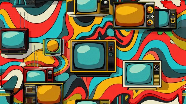 A colorful and abstract painting of many televisions