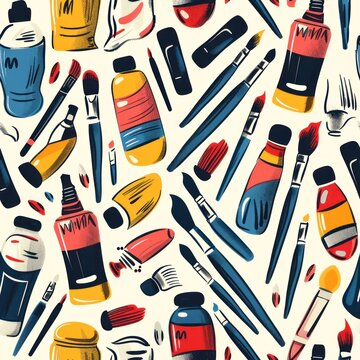 Fototapeta A colorful painting of various art supplies, including paint, brushes, and tubes