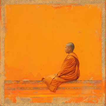 bonze, moine bouddhiste portant le kesa, tenue traditionnelle orange des moines qui ne sont plus novices, bouddhiste assis sur un muret, devant un mur orange textur&eacute;, copy space