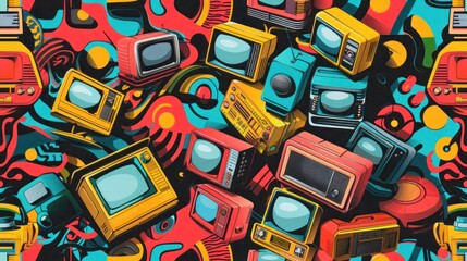 A colorful and abstract image of many different types of televisions and radios