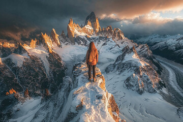 A woman stands on a snow covered mountain peak - Powered by Adobe