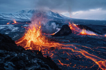 A volcano erupts with lava and smoke, creating a fiery and dangerous scene - obrazy, fototapety, plakaty