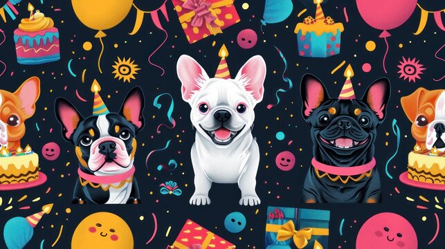 A colorful pattern of dogs with party hats and balloons
