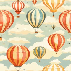 A colorful hot air balloon scene with many balloons in the sky. The balloons are of different colors and sizes, and they are scattered throughout the sky. The scene has a whimsical and playful mood